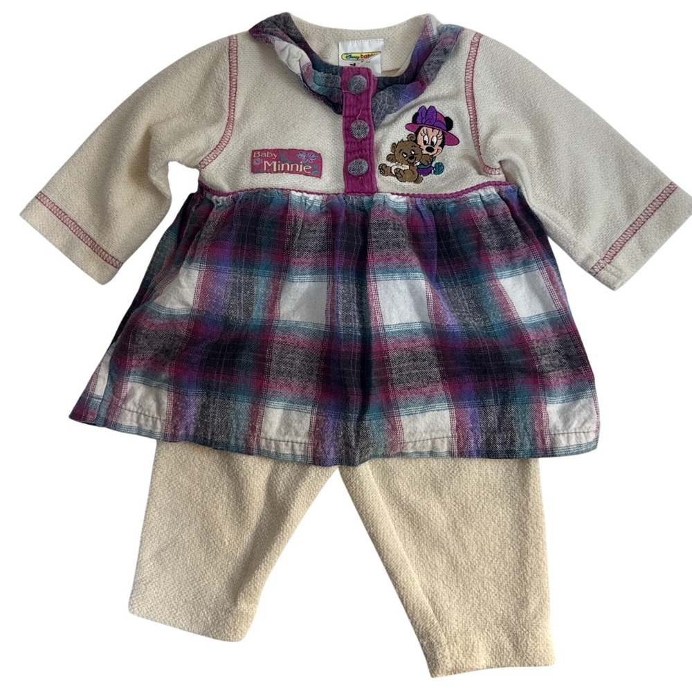 Vintage 90s Disney Babies Minnie Mouse Plaid Fleece Dress Pants Set 6-9 m C3106